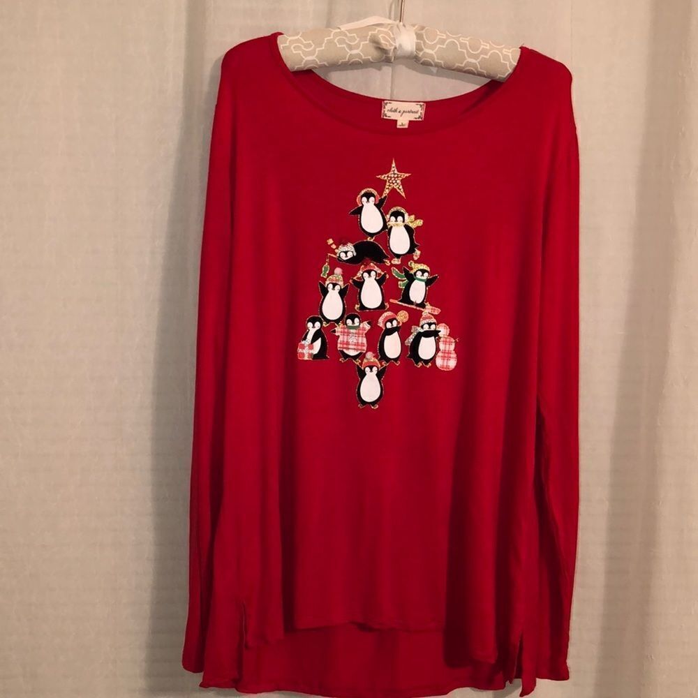 cloth & portrait L Penguins Christmas Tree Sleep Pajama Long Sleeve High Low T - Picture 3 of 10